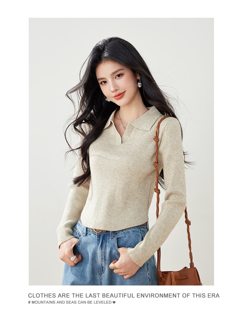 실사 가을 니트 스웨터 여성 풀오버 POLO 칼라 몸매 가꾸기 슬림해 보이는 긴팔 단색 제비꼬리 디자인 센스 스웨터 상세 이미지 18
