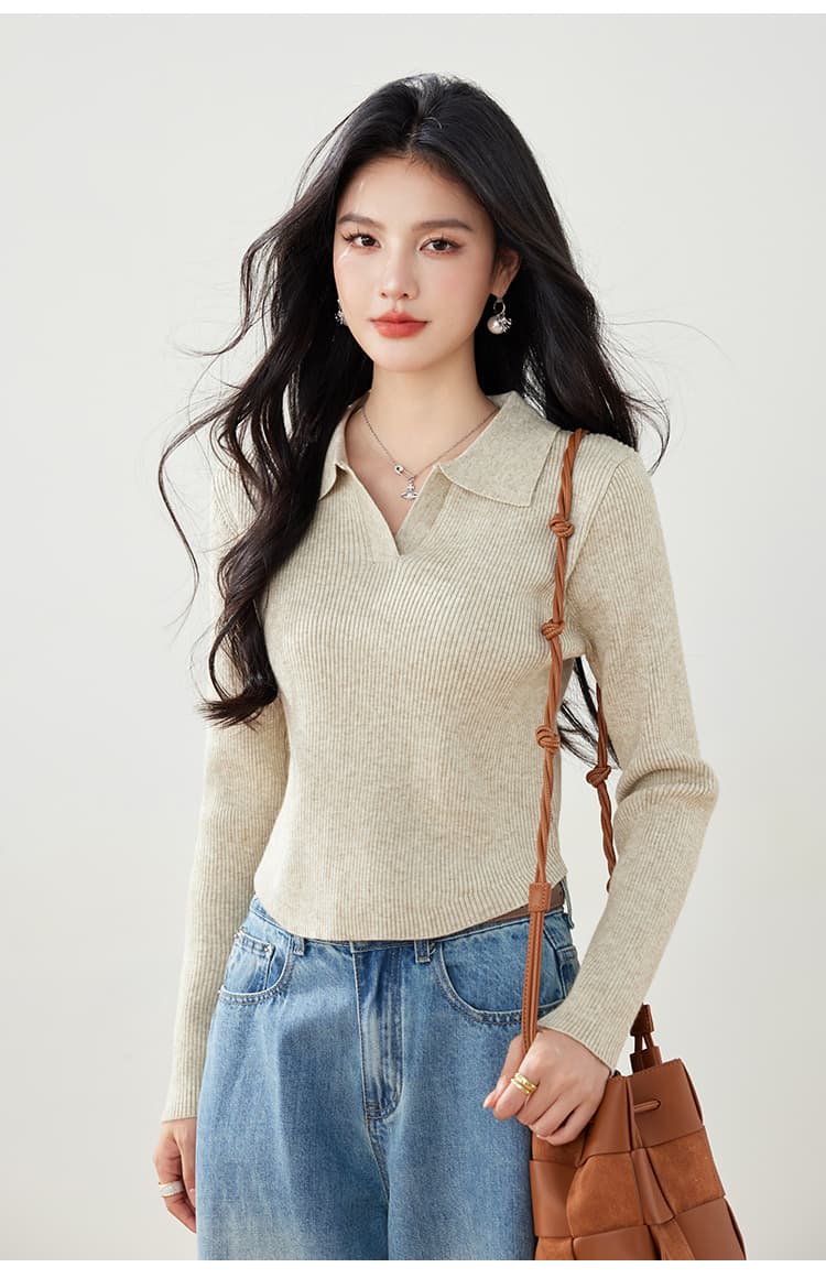 실사 가을 니트 스웨터 여성 풀오버 POLO 칼라 몸매 가꾸기 슬림해 보이는 긴팔 단색 제비꼬리 디자인 센스 스웨터 상세 이미지 19