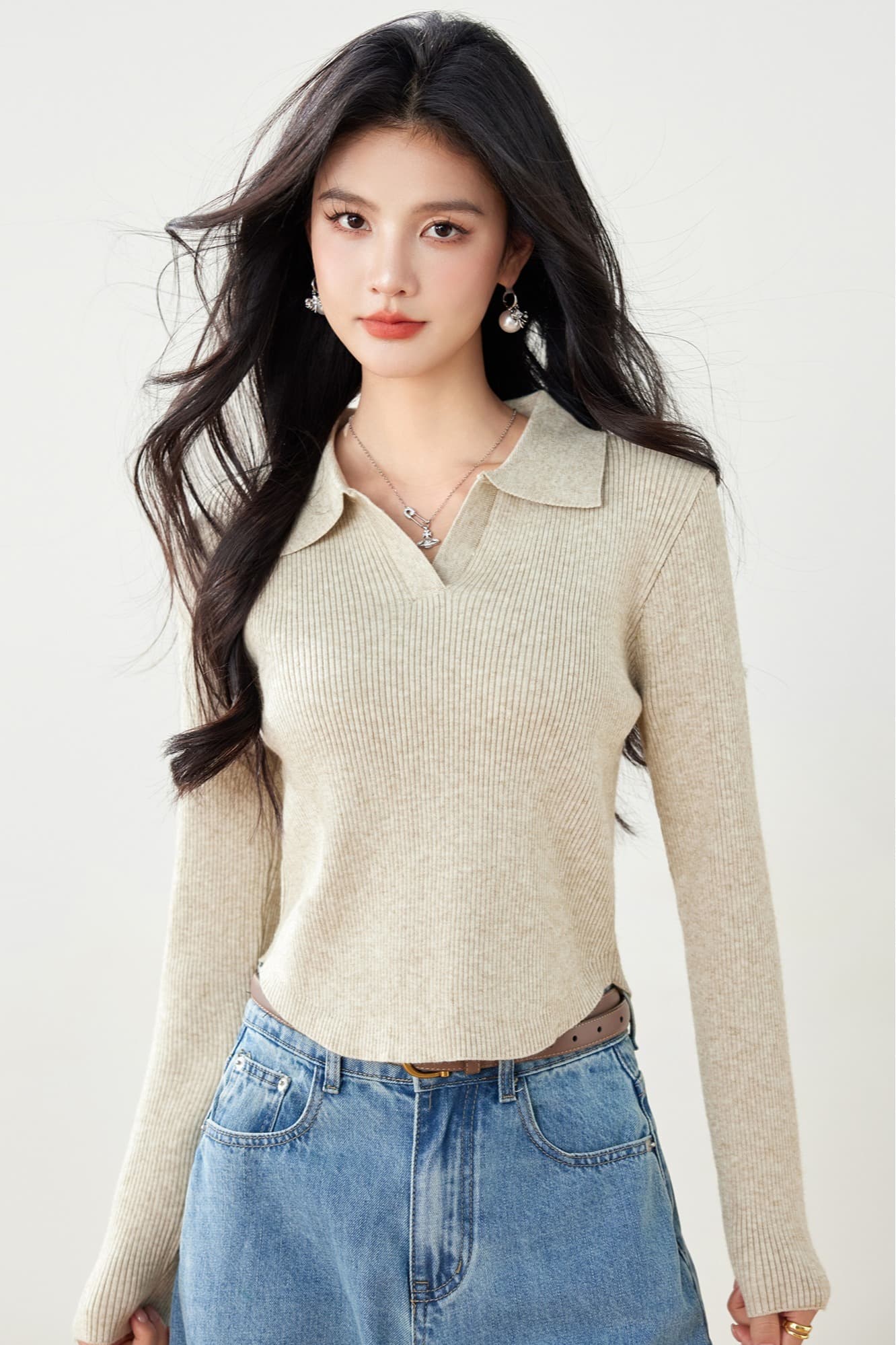 실사 가을 니트 스웨터 여성 풀오버 POLO 칼라 몸매 가꾸기 슬림해 보이는 긴팔 단색 제비꼬리 디자인 센스 스웨터 이미지 7