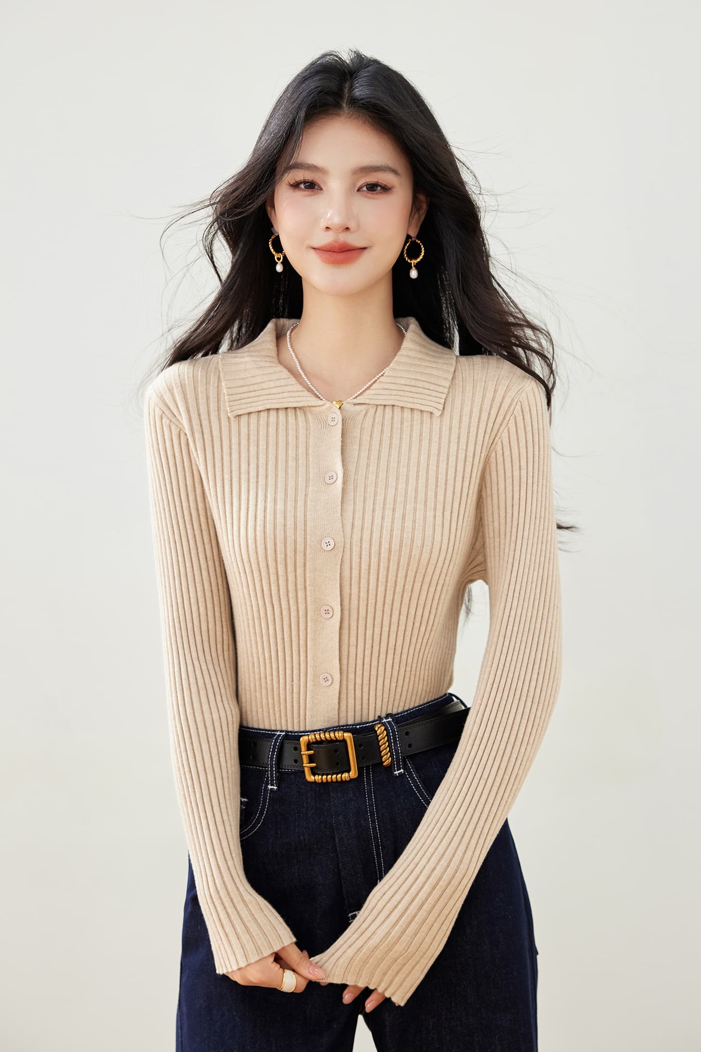 실사 새로운 니트 스웨터 여성 오픈 가디건 POLO 칼라 작은 외투 단색 긴팔 수리 외부 가져 가라. 니트 스웨터 이미지 2