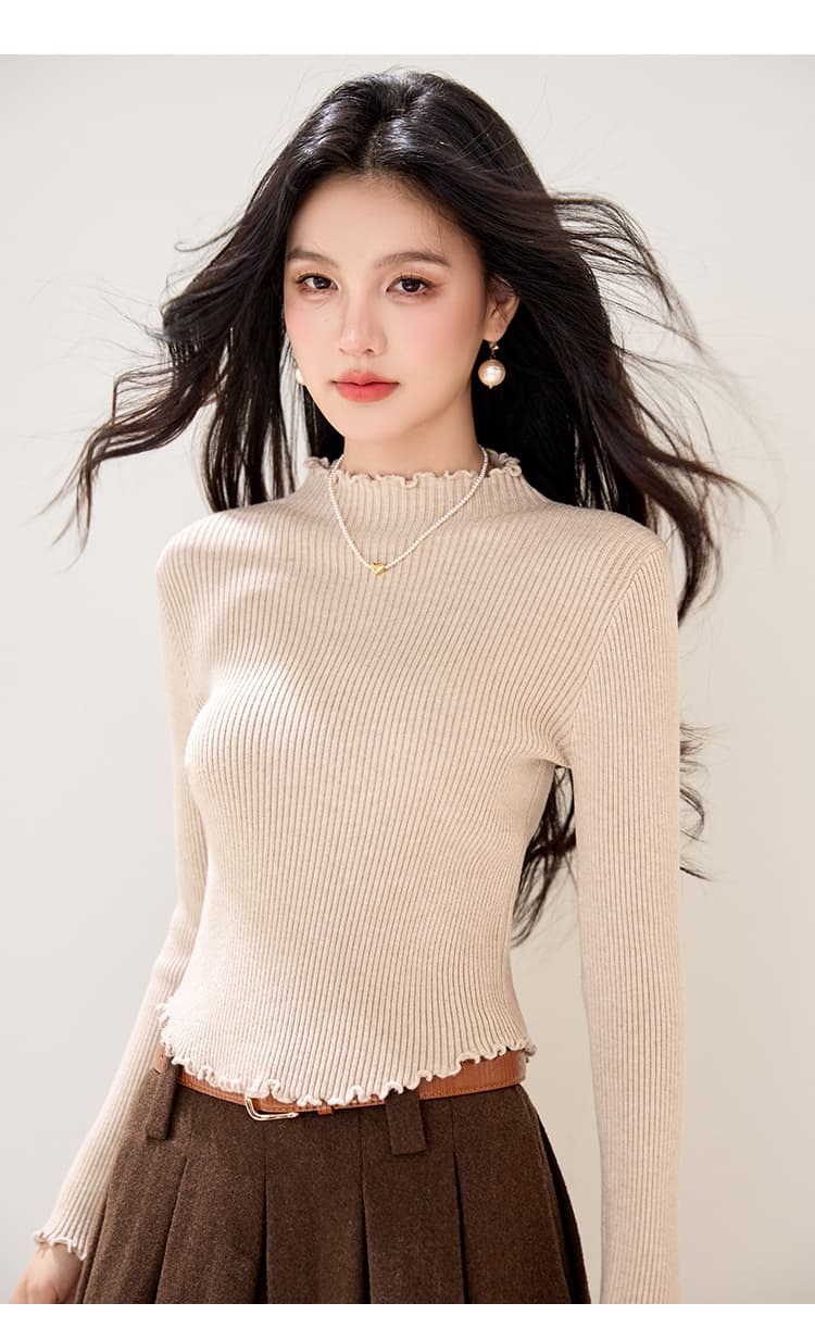 실사 새로운 가을 겨울 니트 스웨터 여성 반하이넥 프릴 긴팔 기본 셔츠 쇼트 스타일 몸매 가꾸기 니트 스웨터 여자 상세 이미지 13