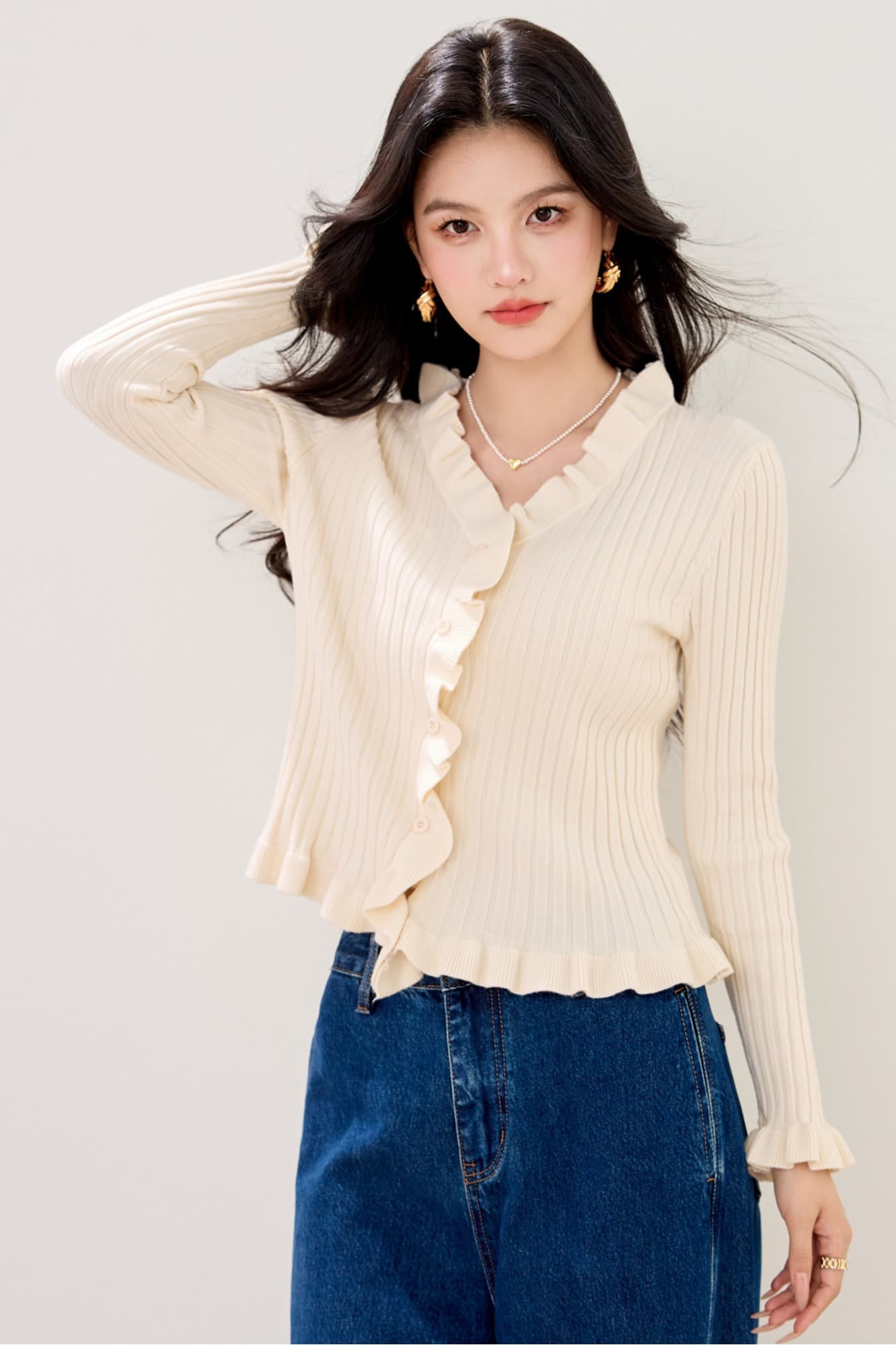 실사 새로운 니트 스웨터 여성 오픈 가디건 단색 몸매 가꾸기 프릴 작은 외투 한국 스타일 달콤함 쇼트 스타일 외부 가져 가라. 스웨터 이미지 7