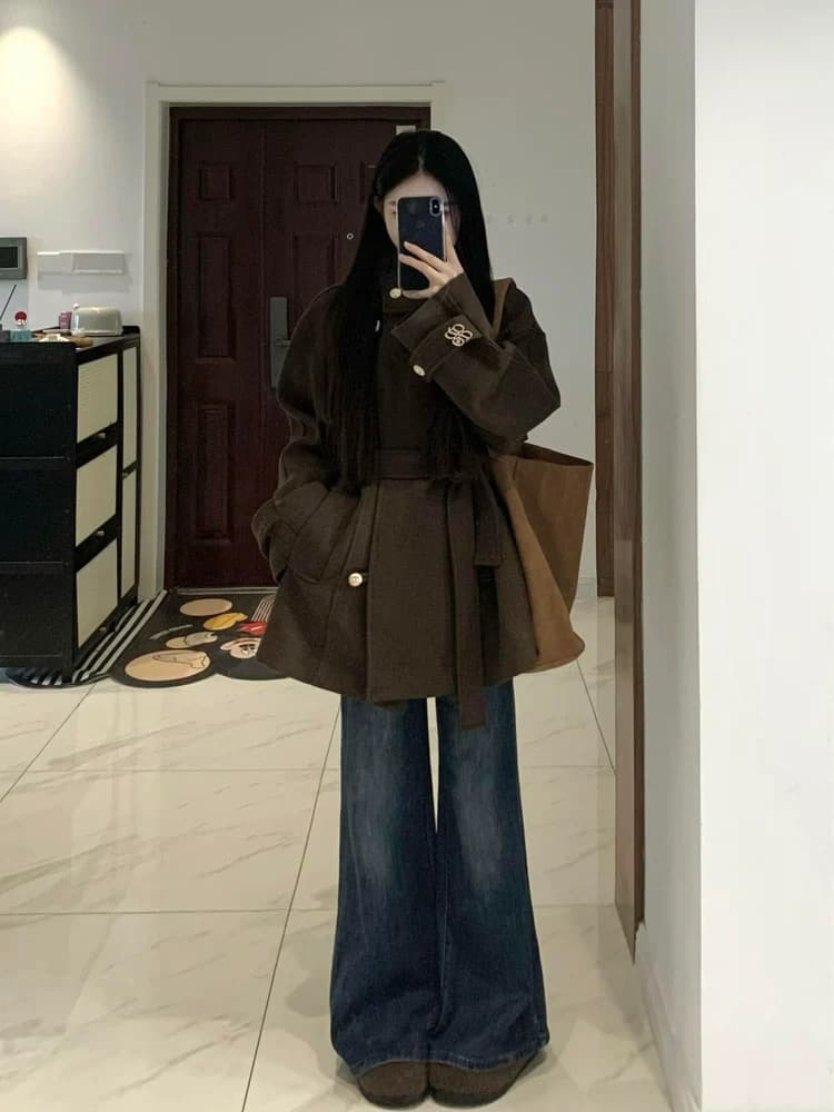 아메리칸 레트로 부유 한 가족 천 골드 브라운 모직 여성 코트 가을 겨울철 고급 센스 자이언트 잘 생긴 두꺼운 모직 코트 상세 이미지 1