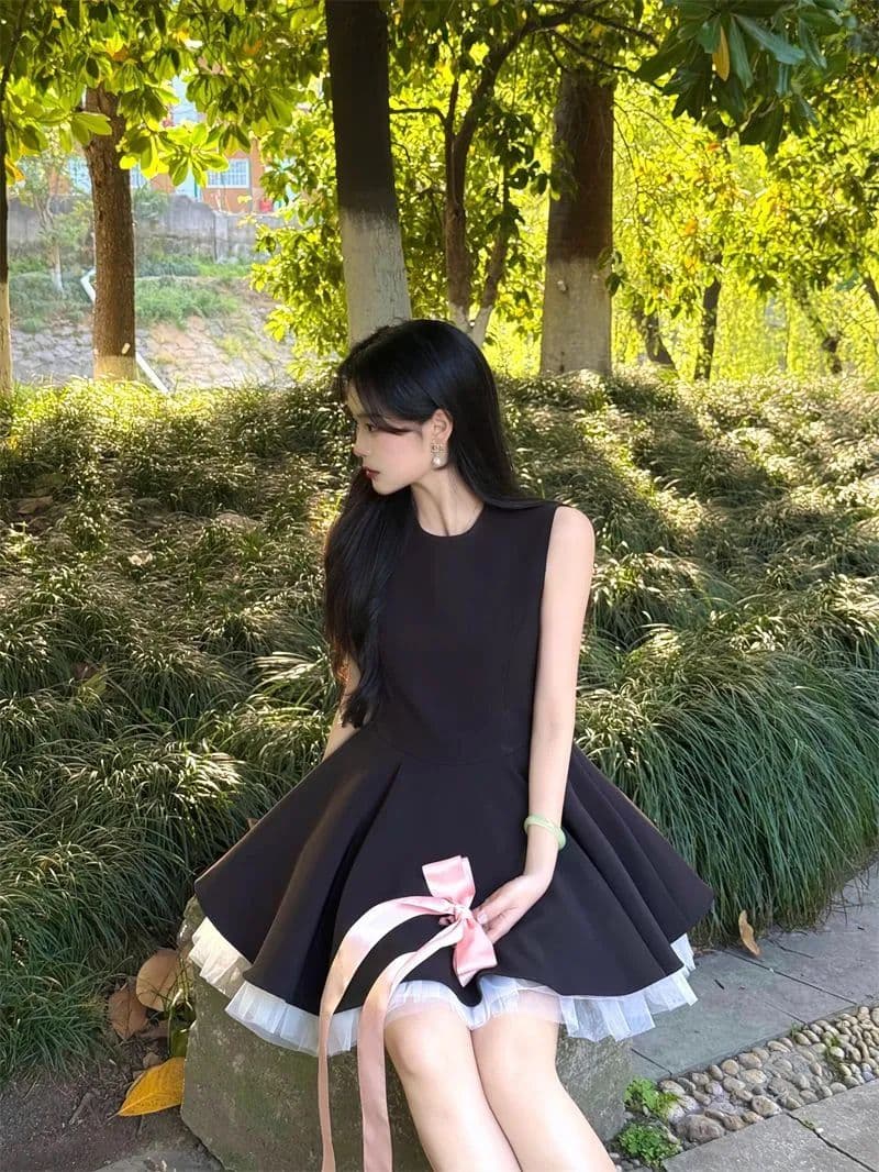 프랑스식 그는 벤 바람 검정색 민소매 조끼 여성 드레스 여름 작은 키 허리 수축 슬림해 보이는 품격 한 마디 미니 스커트 상세 이미지 2