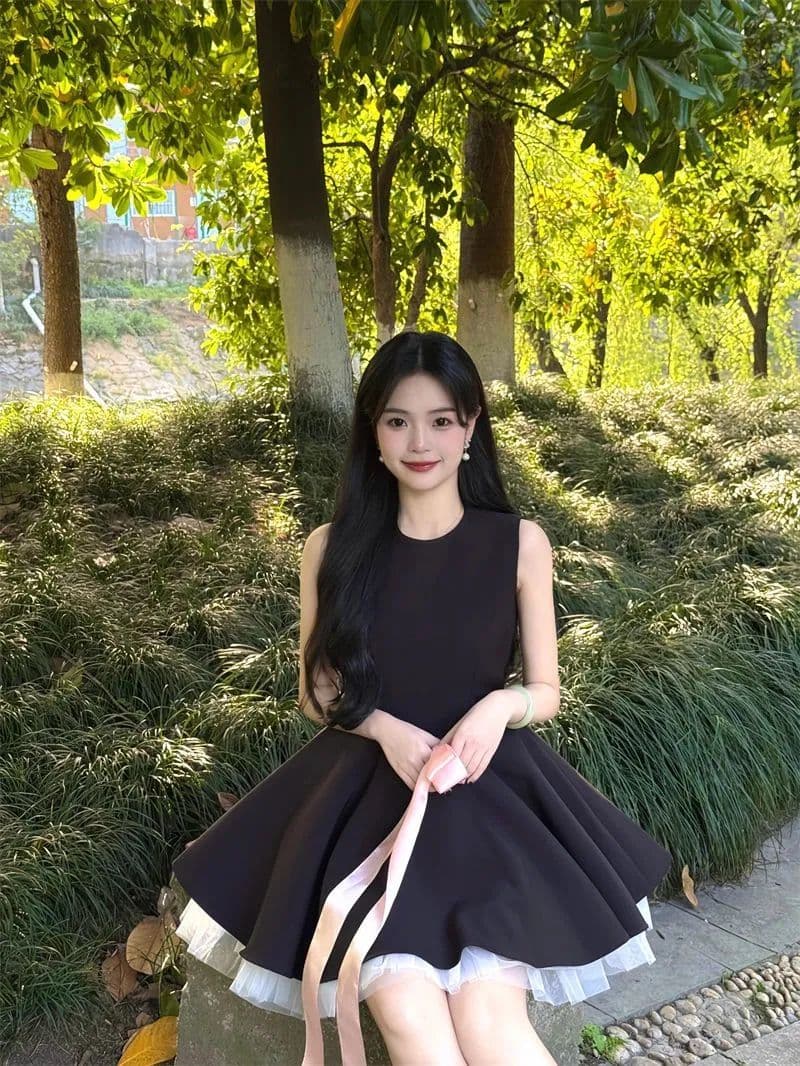 프랑스식 그는 벤 바람 검정색 민소매 조끼 여성 드레스 여름 작은 키 허리 수축 슬림해 보이는 품격 한 마디 미니 스커트 상세 이미지 4