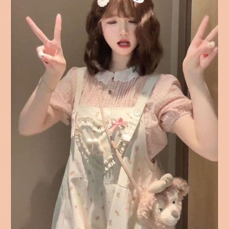 초여름 일본식 달콤함 귀여운 바람 하트 대 나비 매듭 멜빵 만화 바지 핑크색 여성 셔츠 투피스 슈트 이미지 3