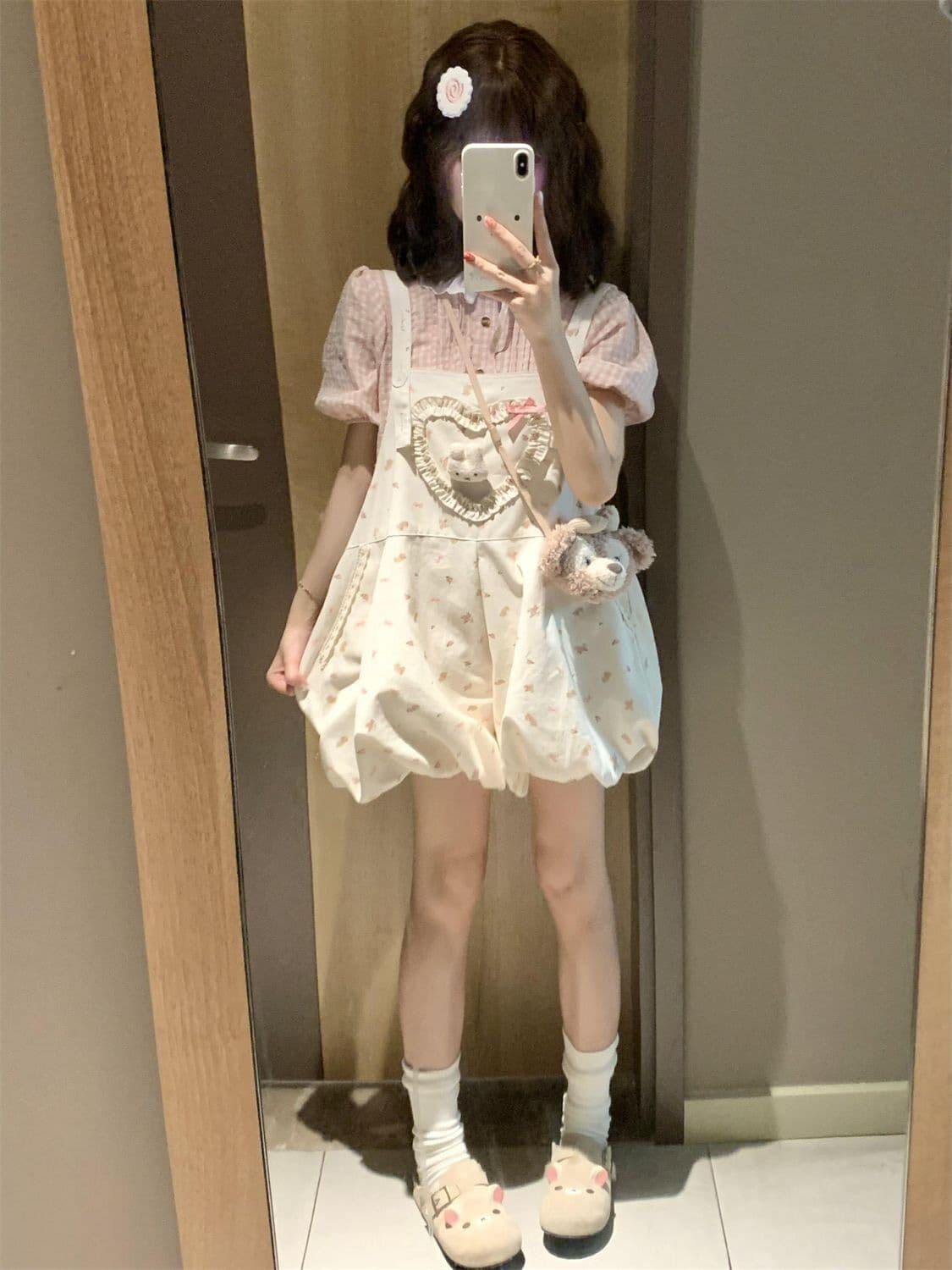 초여름 일본식 달콤함 귀여운 바람 하트 대 나비 매듭 멜빵 만화 바지 핑크색 여성 셔츠 투피스 슈트 상세 이미지 4