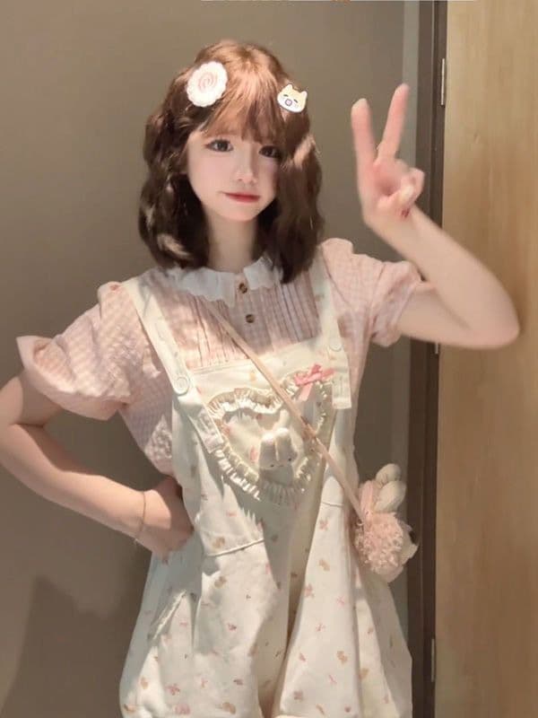 초여름 일본식 달콤함 귀여운 바람 하트 대 나비 매듭 멜빵 만화 바지 핑크색 여성 셔츠 투피스 슈트 상세 이미지 5