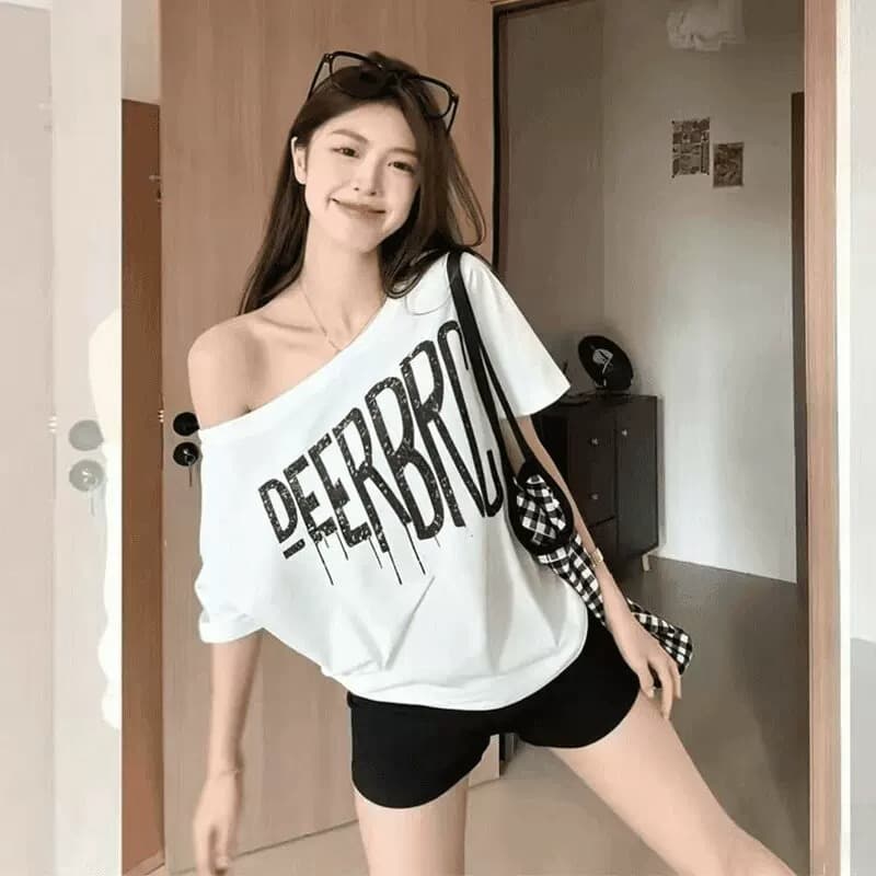 경관 그림 40 순면 220 그램 92 면 8 암모니아 Lun 비스듬한 칼라 오프숄더 오프숄더 반팔 티셔츠 여성 프린트