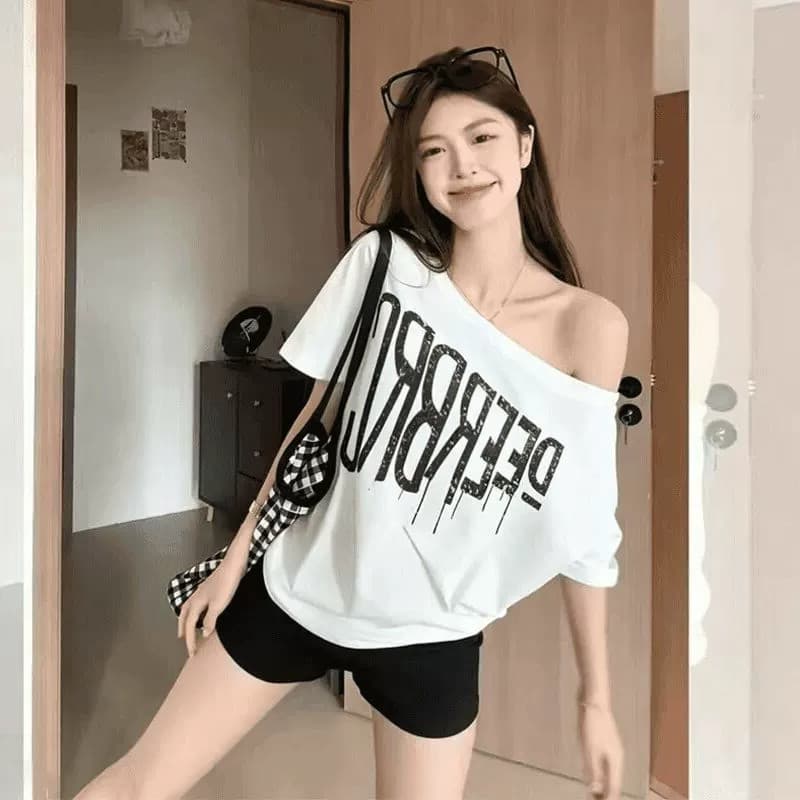 경관 그림 40 순면 220 그램 92 면 8 암모니아 Lun 비스듬한 칼라 오프숄더 오프숄더 반팔 티셔츠 여성 프린트 상세 이미지 5