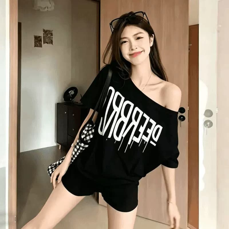 경관 그림 40 순면 220 그램 92 면 8 암모니아 Lun 비스듬한 칼라 오프숄더 오프숄더 반팔 티셔츠 여성 프린트 상세 이미지 6