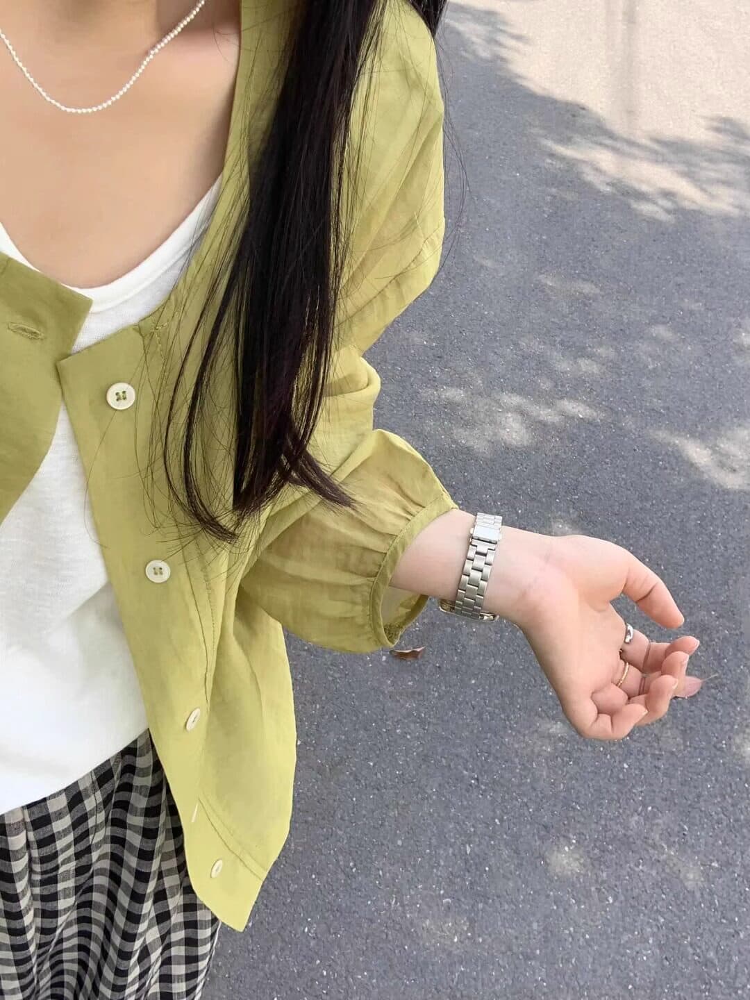 프랑스식 레트로 녹색 면 린넨 자외선 차단 의류 여성 셔츠 여름 얇은 스타일 에어컨 셔츠 재킷 작은 키 쇼트 스타일 맨위 상세 이미지 5