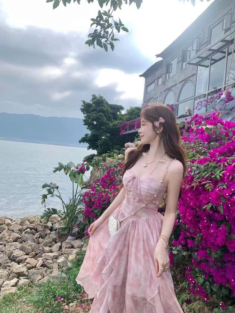 화이트 인사이드 bailistudio 사쿠라 남자 그것 여름 요정 바람 헤일로 염색 꽃무늬 불규칙 밑단 휴가 롱 스커트 상세 이미지 17