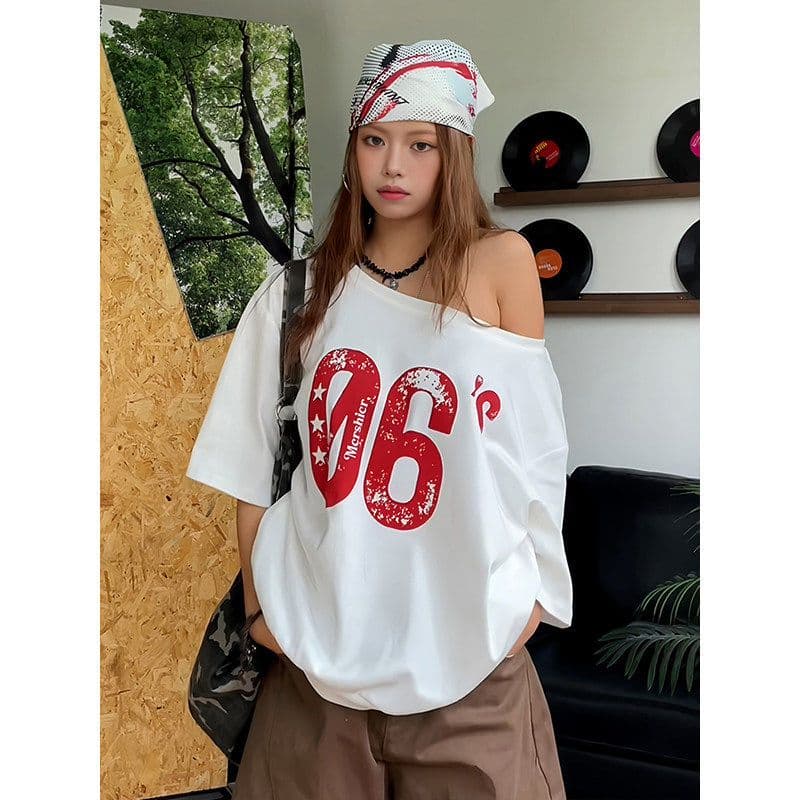 220 그램 92 면 8 암모니아 Lun 아메리칸 핫걸 비스듬한 어깨 알파벳 프린트 반팔 티셔츠 여성 이미지 3