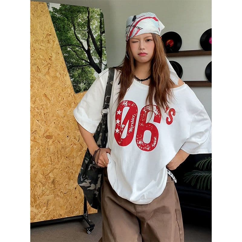 220 그램 92 면 8 암모니아 Lun 아메리칸 핫걸 비스듬한 어깨 알파벳 프린트 반팔 티셔츠 여성 상세 이미지 6