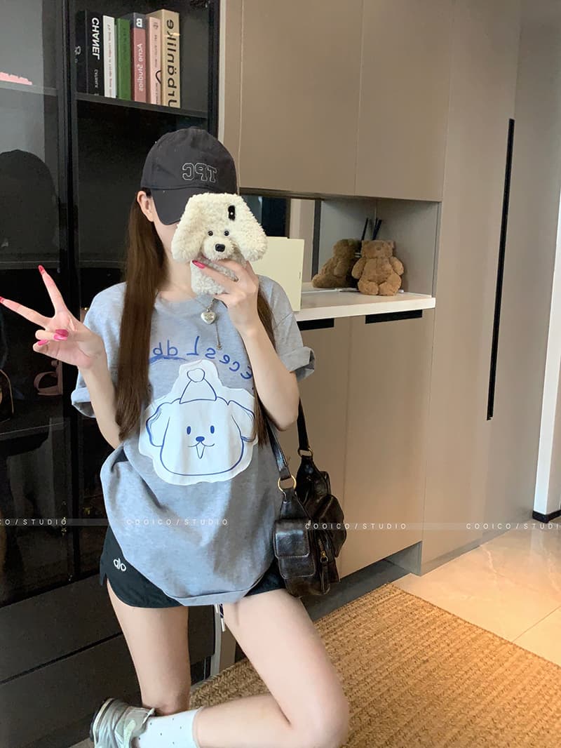 실사 32 더블 실 순면 반팔 티셔츠 여름 2026 새로운 트렌디 패치 만화 라운드 넥 맨위 한국 스타일 여성 의류 상세 이미지 16