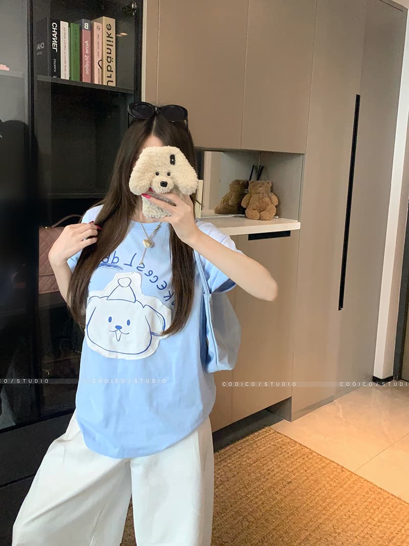 실사 32 더블 실 순면 반팔 티셔츠 여름 2026 새로운 트렌디 패치 만화 라운드 넥 맨위 한국 스타일 여성 의류 상세 이미지 25