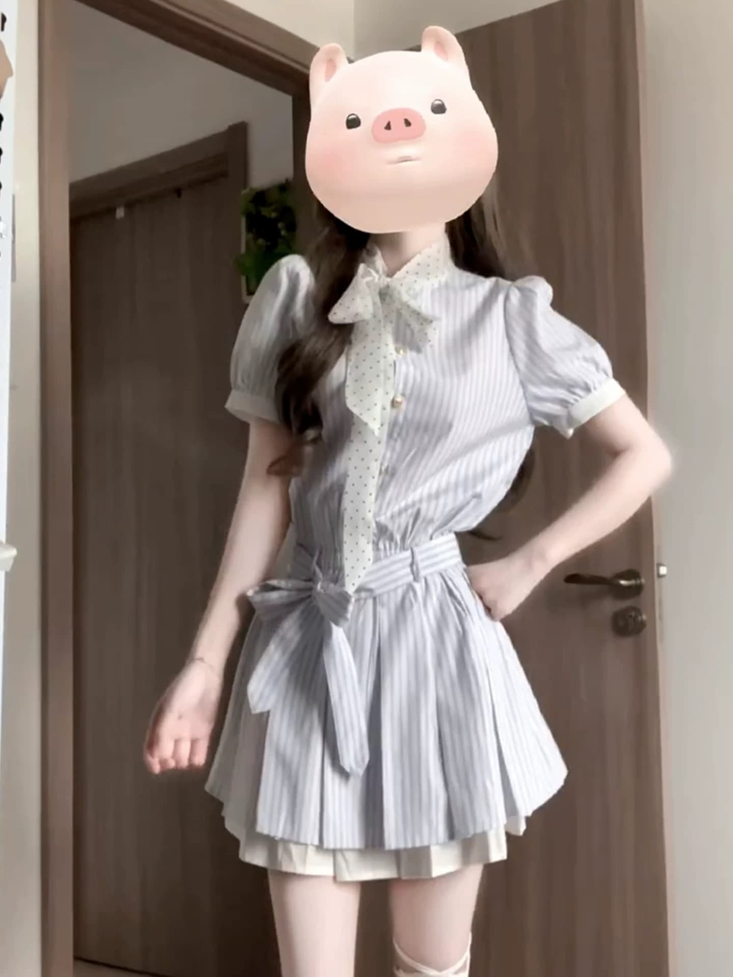한 부서 학원 스타일 스트라이프 셔츠 드레스 아이들 여름 2025 새로운 miu 부서 허리 수축 작은 키 미니 스커트 상세 이미지 1
