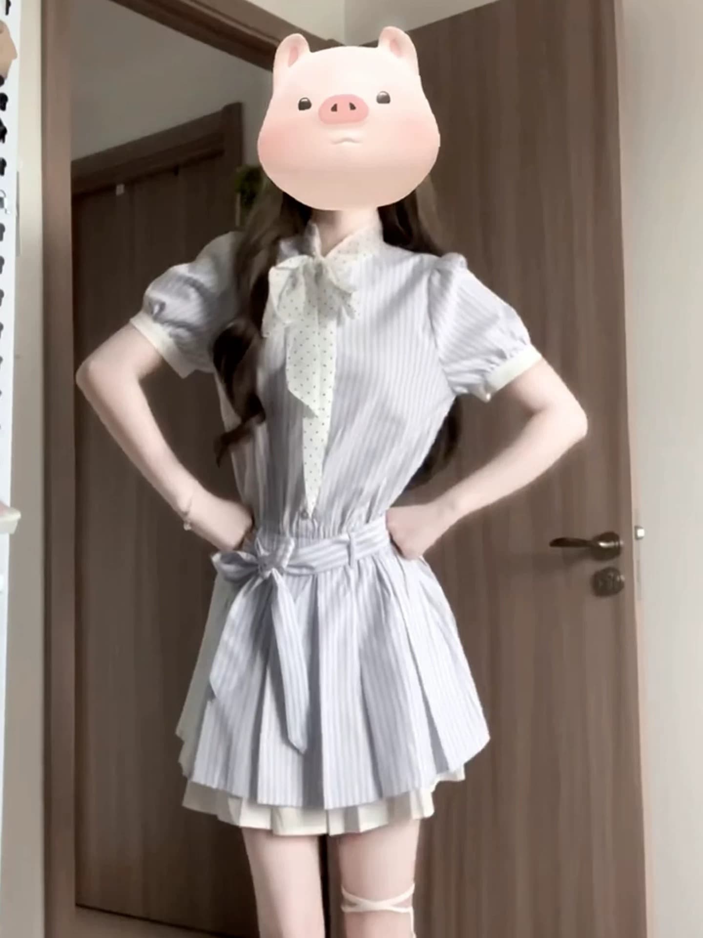 한 부서 학원 스타일 스트라이프 셔츠 드레스 아이들 여름 2025 새로운 miu 부서 허리 수축 작은 키 미니 스커트 상세 이미지 3
