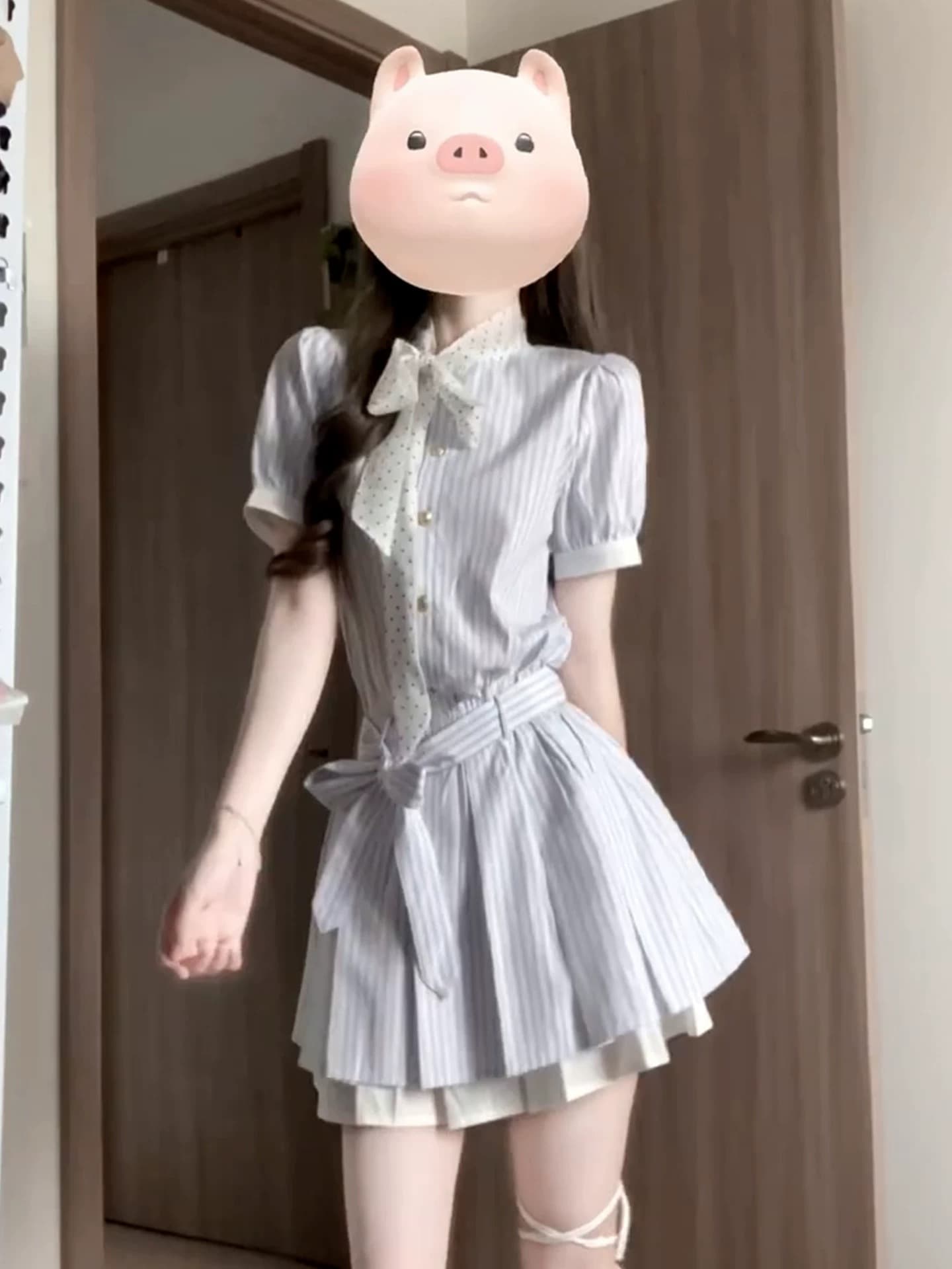 한 부서 학원 스타일 스트라이프 셔츠 드레스 아이들 여름 2025 새로운 miu 부서 허리 수축 작은 키 미니 스커트 상세 이미지 5