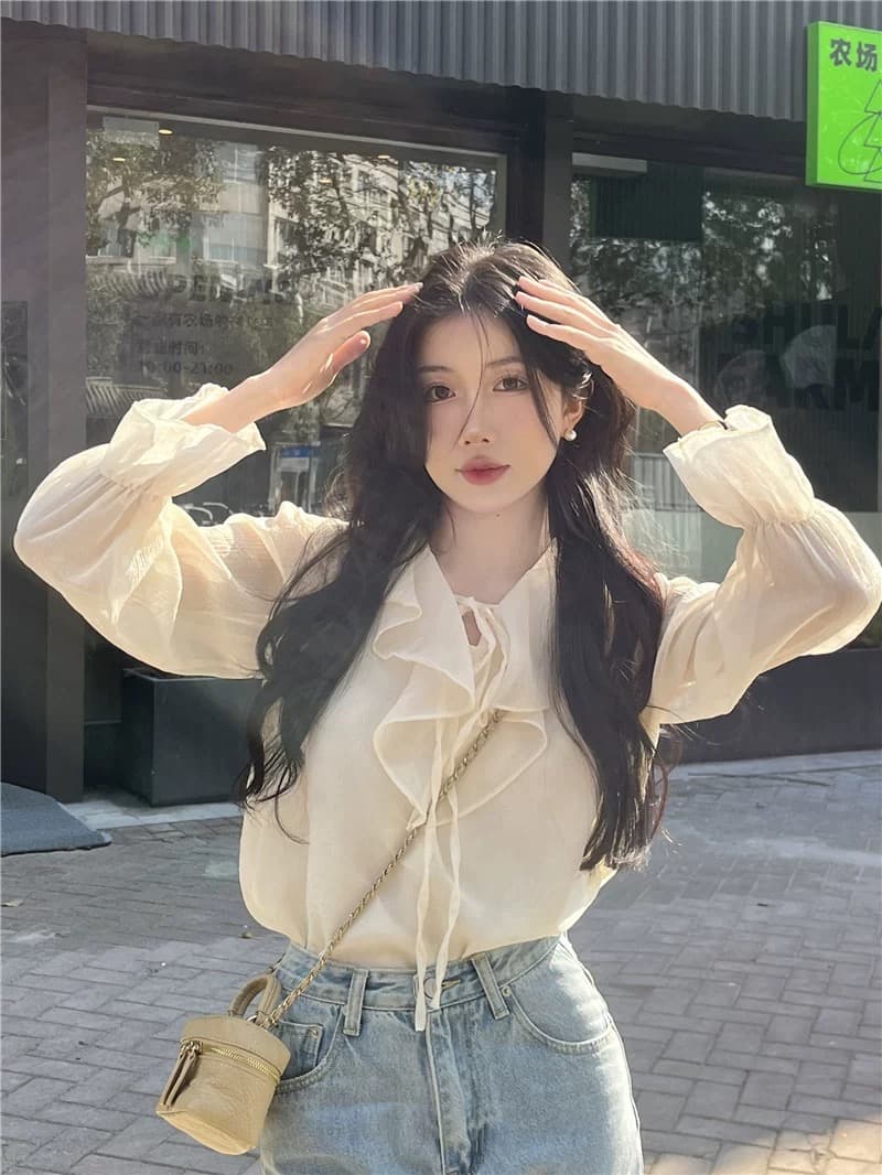 프랑스식 프릴 V넥 쉬폰 여성 셔츠 작은 대중 디자인 센스 2026 봄 여름 새로운 거품 소매 Chic 맨위 상세 이미지 2