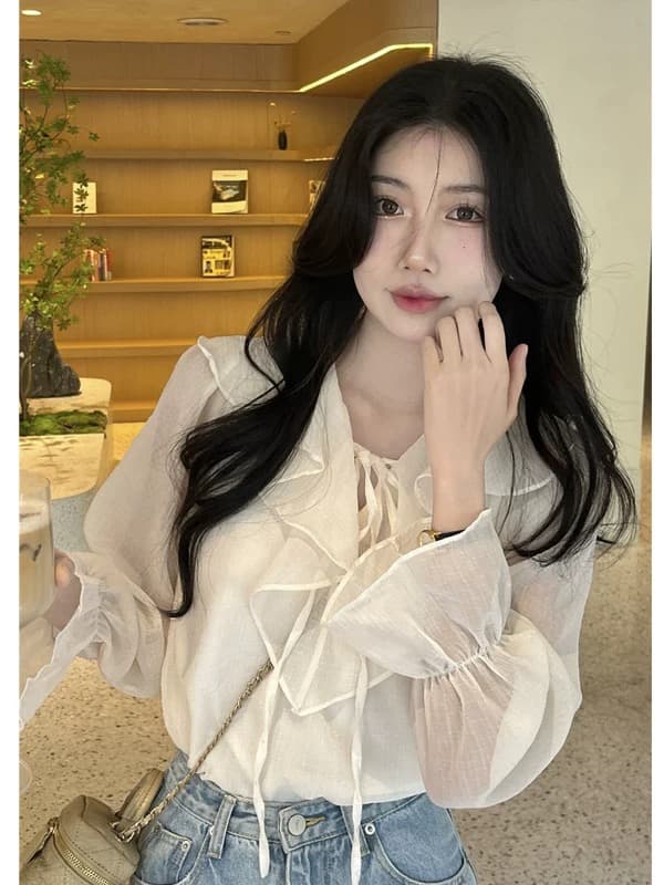 프랑스식 프릴 V넥 쉬폰 여성 셔츠 작은 대중 디자인 센스 2026 봄 여름 새로운 거품 소매 Chic 맨위 상세 이미지 3