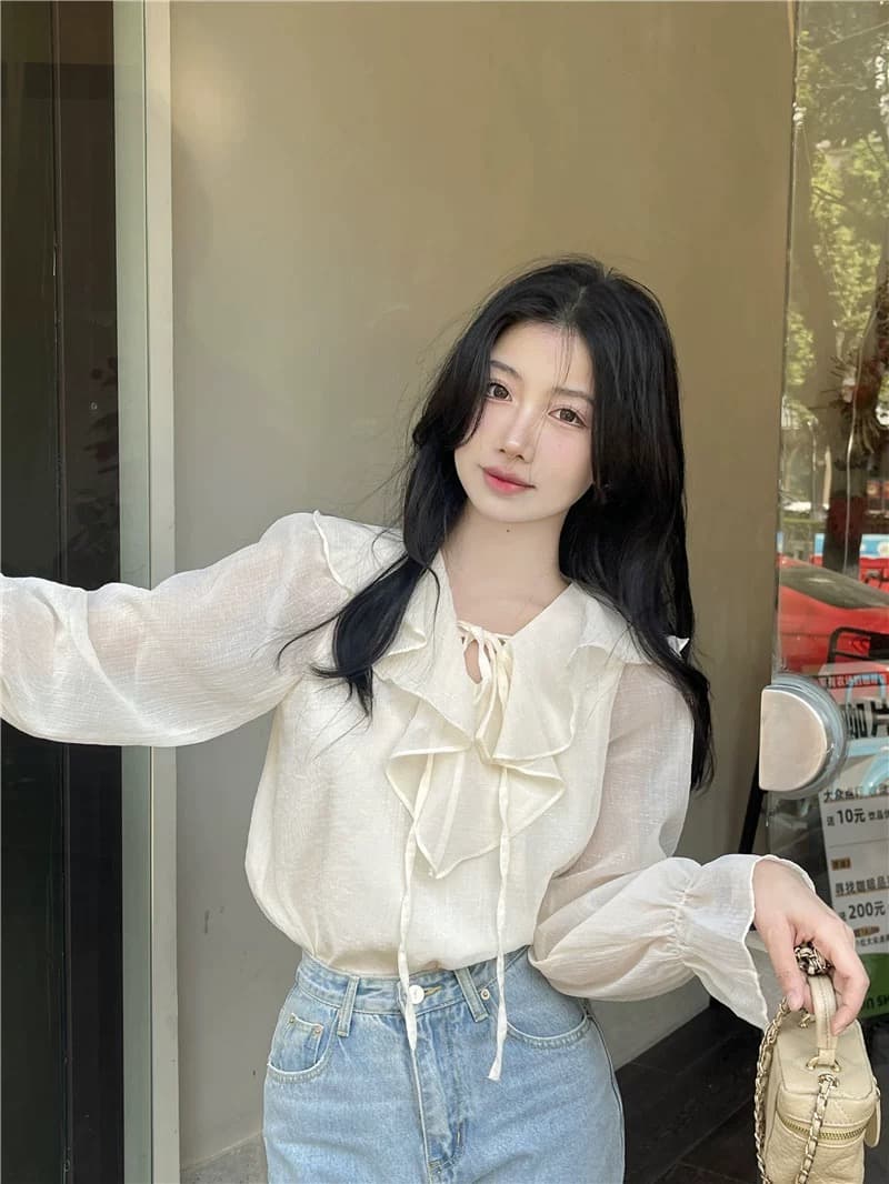 프랑스식 프릴 V넥 쉬폰 여성 셔츠 작은 대중 디자인 센스 2026 봄 여름 새로운 거품 소매 Chic 맨위 상세 이미지 11