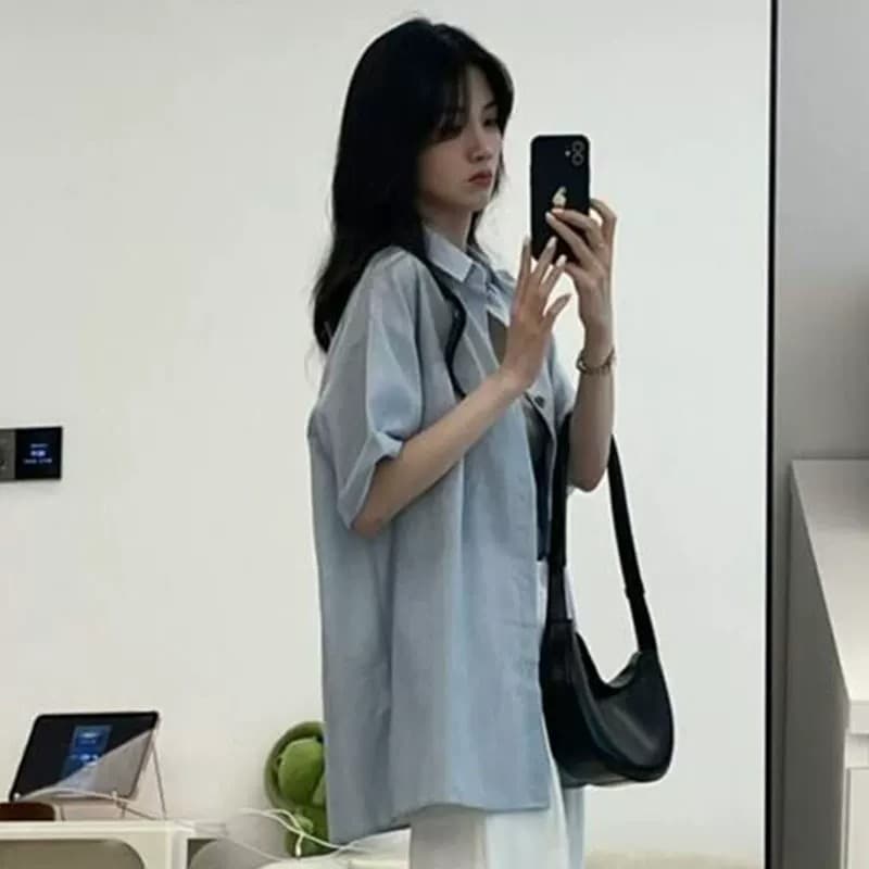 파란색 반팔 여성 셔츠 여름 2026 새로운 한 부서 작은 키 루즈핏 캐주얼 통기성 자외선 차단 셔츠 재킷 상세 이미지 5