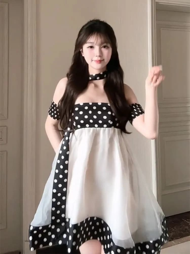 포함 리본 프랑스식 천 금빛 바람 도트 무늬 여성 드레스 26 여름 새로운 튜브탑 휴가 작은 키 미니 스커트 상세 이미지 4