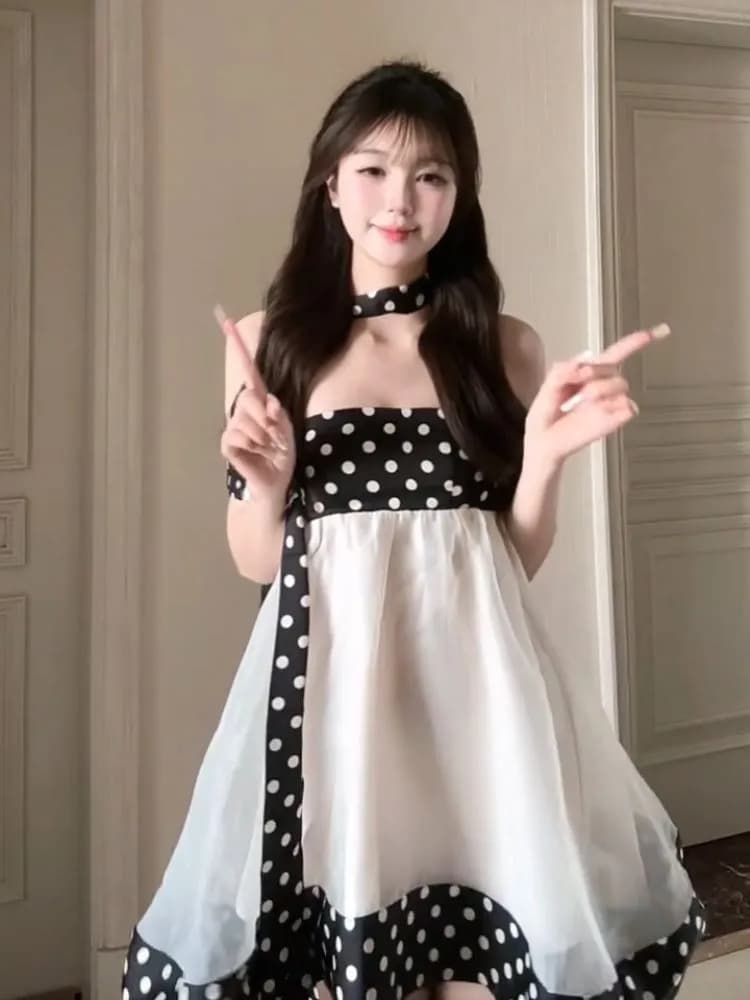 포함 리본 프랑스식 천 금빛 바람 도트 무늬 여성 드레스 26 여름 새로운 튜브탑 휴가 작은 키 미니 스커트 상세 이미지 6