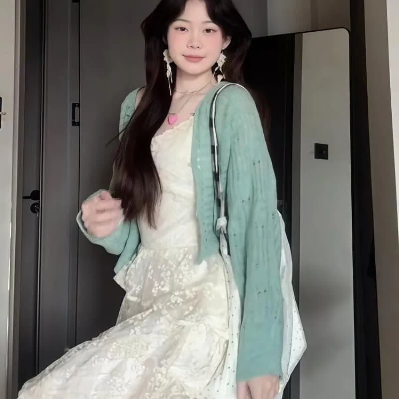 한 부서 부드러운 바람 투피스 세트 박하 녹색 홀로우 아웃 오픈 가디건 레이스 조각 케이크 드레스 여성 패션 품격 세트 이미지 5