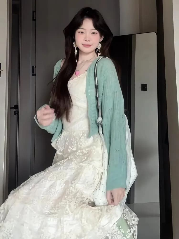 한 부서 부드러운 바람 투피스 세트 박하 녹색 홀로우 아웃 오픈 가디건 레이스 조각 케이크 드레스 여성 패션 품격 세트 상세 이미지 10