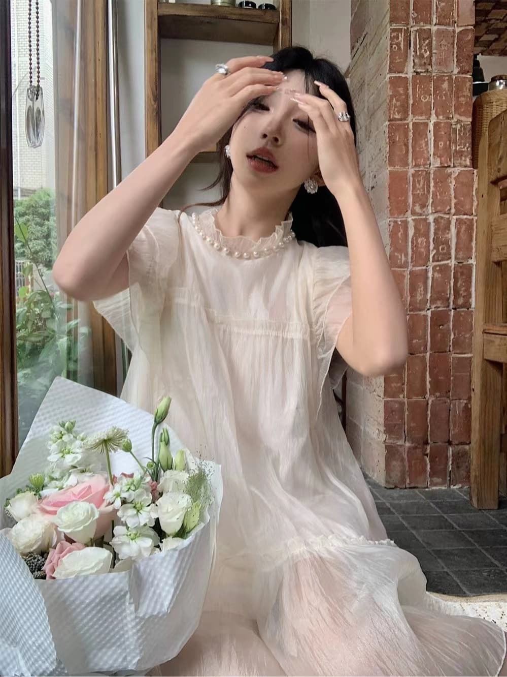 프랑스식 달콤함 귀여운 연령 감소 작은 날다 소매 여성 드레스 여름 고급 센스 품격 요정 치마 루즈핏 짧은 치마 이미지 3
