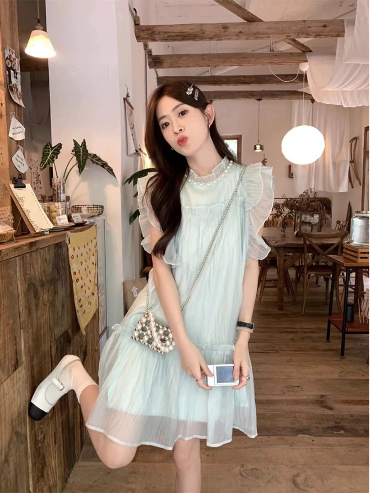 프랑스식 달콤함 귀여운 연령 감소 작은 날다 소매 여성 드레스 여름 고급 센스 품격 요정 치마 루즈핏 짧은 치마 상세 이미지 1
