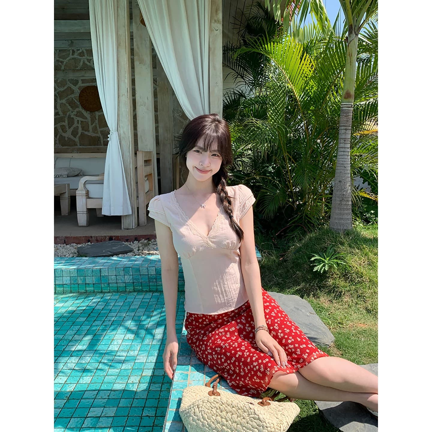 2026 달콤함 핑크색 레이스 측면 패치워크 V넥 반팔 티셔츠 여성 여름 연령 감소 슬림해 보이는 맨위 이미지 3