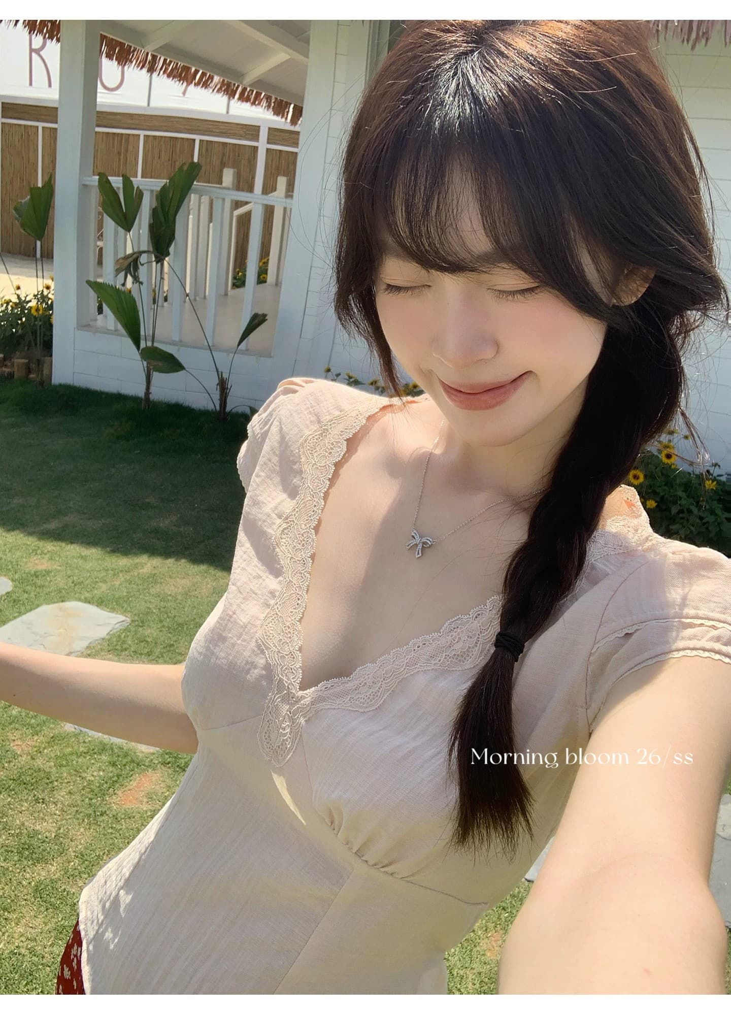 2026 달콤함 핑크색 레이스 측면 패치워크 V넥 반팔 티셔츠 여성 여름 연령 감소 슬림해 보이는 맨위 상세 이미지 4