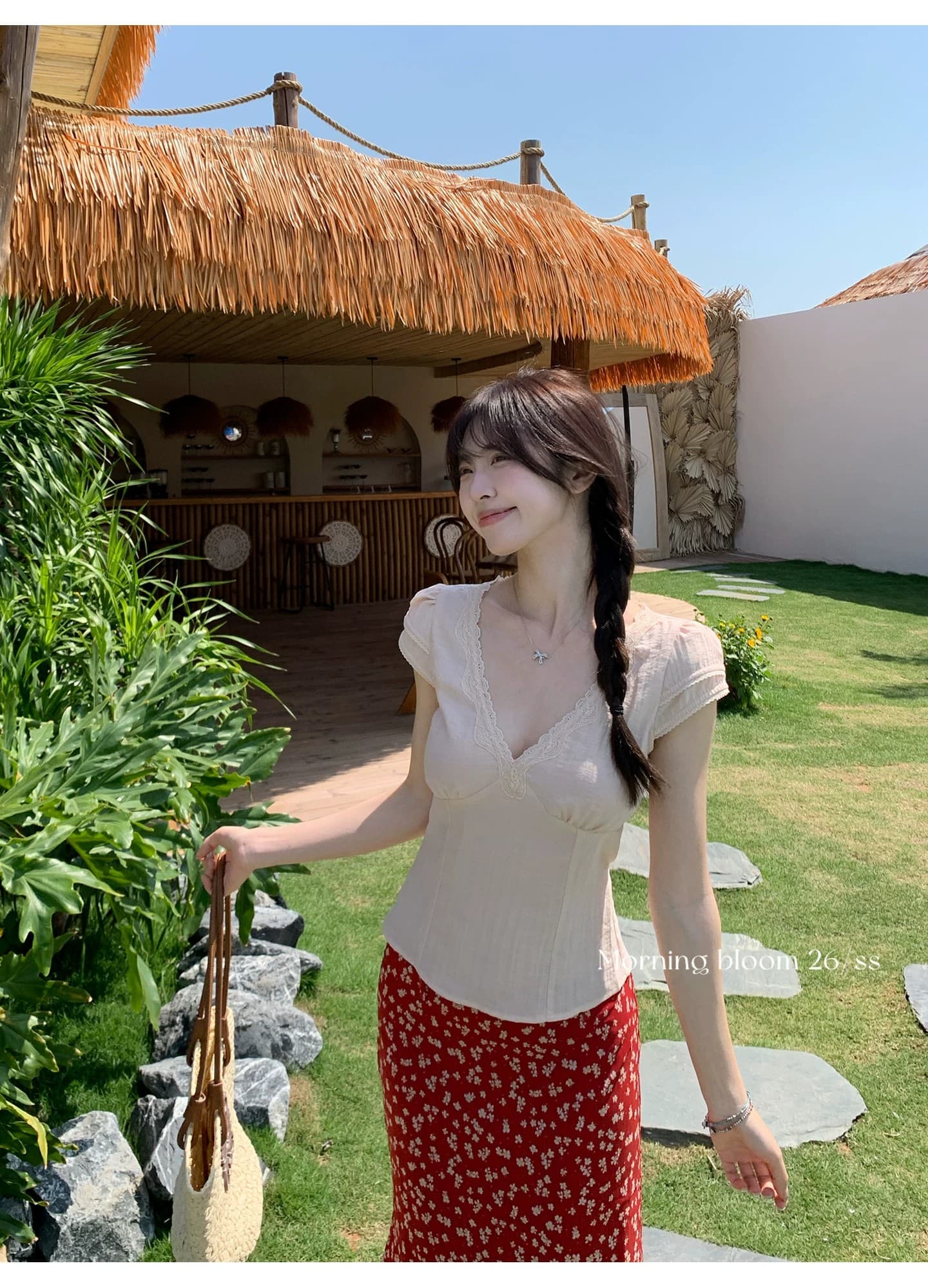 2026 달콤함 핑크색 레이스 측면 패치워크 V넥 반팔 티셔츠 여성 여름 연령 감소 슬림해 보이는 맨위 상세 이미지 13