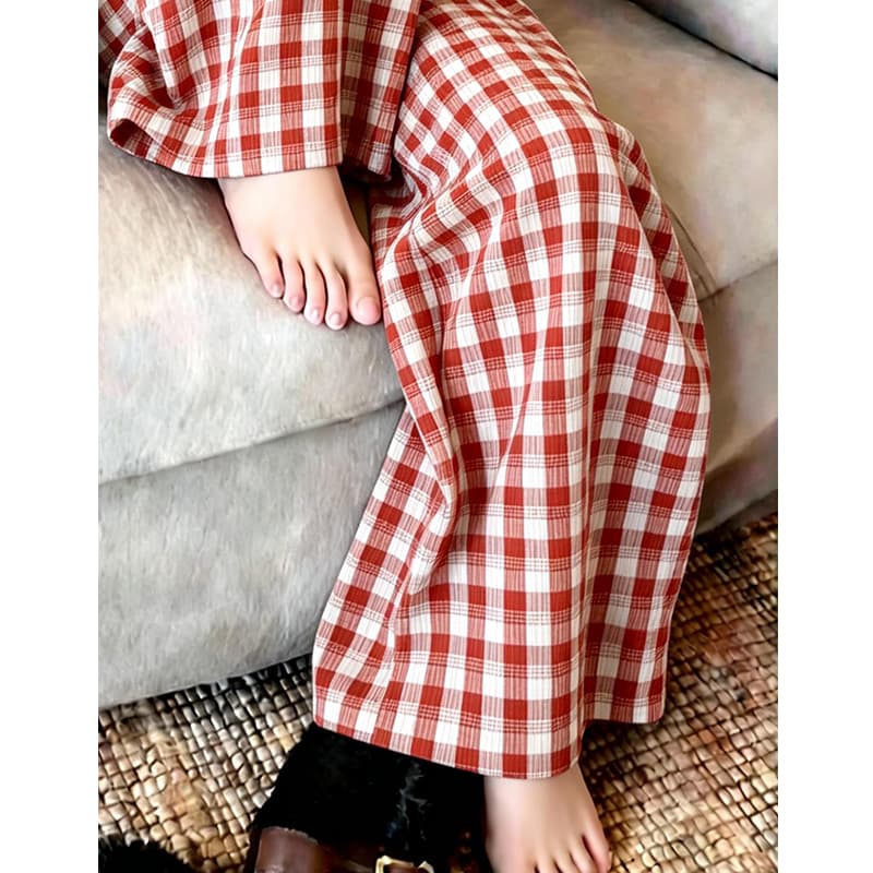 원본 그리드 주름 원단 빨간색 체크무늬 캐주얼 와이드 레그 팬츠 아이들 여름 새로운 루즈핏 와이드 레그 팬츠 이미지 3