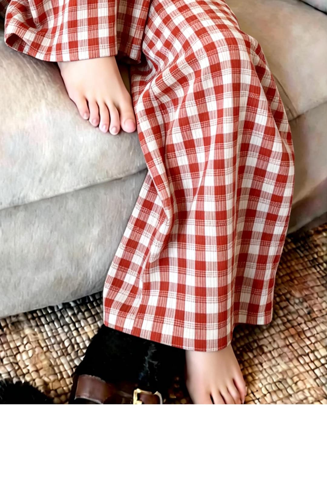 원본 그리드 주름 원단 빨간색 체크무늬 캐주얼 와이드 레그 팬츠 아이들 여름 새로운 루즈핏 와이드 레그 팬츠 상세 이미지 7