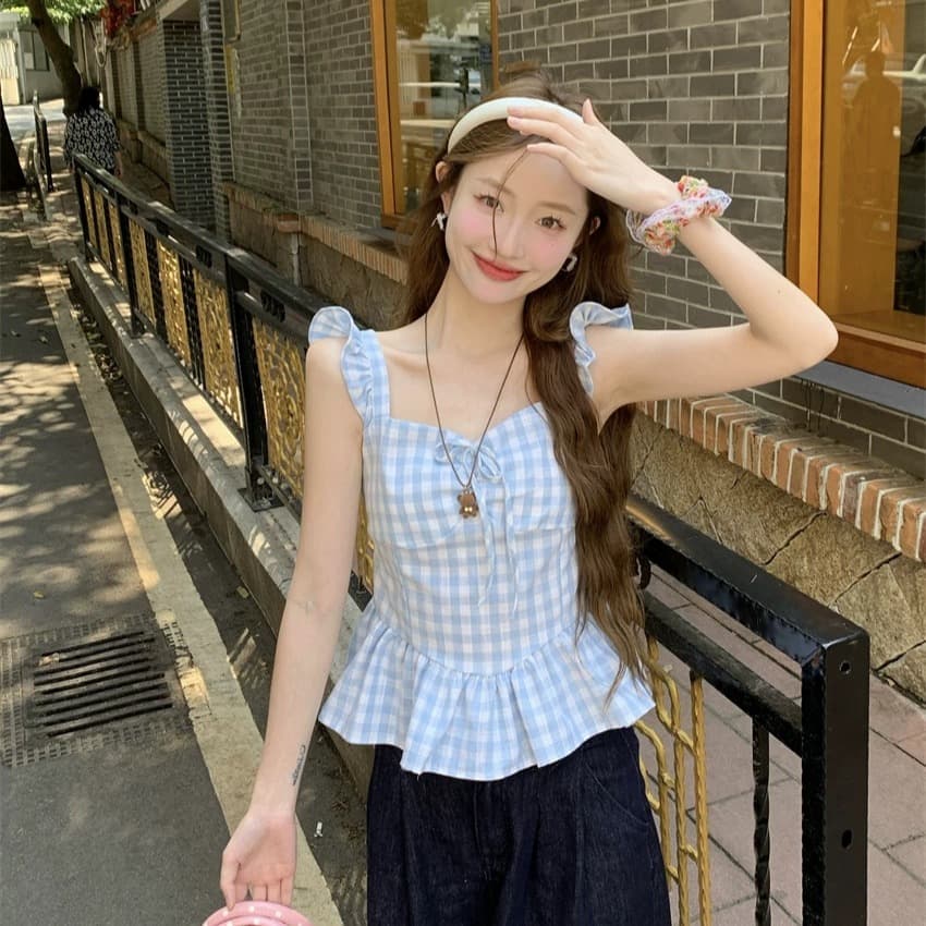 kumikumi 달콤한 스타일 파란색 체크무늬 작은 날다 소매 조끼 여성 의류 여름 Chic 연령 감소 슬림해 보이는 새로운 맨위 이미지 5