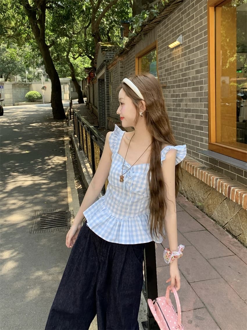 kumikumi 달콤한 스타일 파란색 체크무늬 작은 날다 소매 조끼 여성 의류 여름 Chic 연령 감소 슬림해 보이는 새로운 맨위 상세 이미지 10