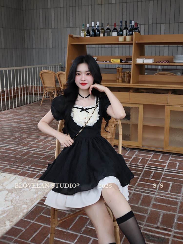 blovelan 캐러멜 밤나무 프랑스식 공주 드레스 고급 센스 광장 칼라 검정색 하이웨이스트 여성 드레스 여름 새로운 이미지 3