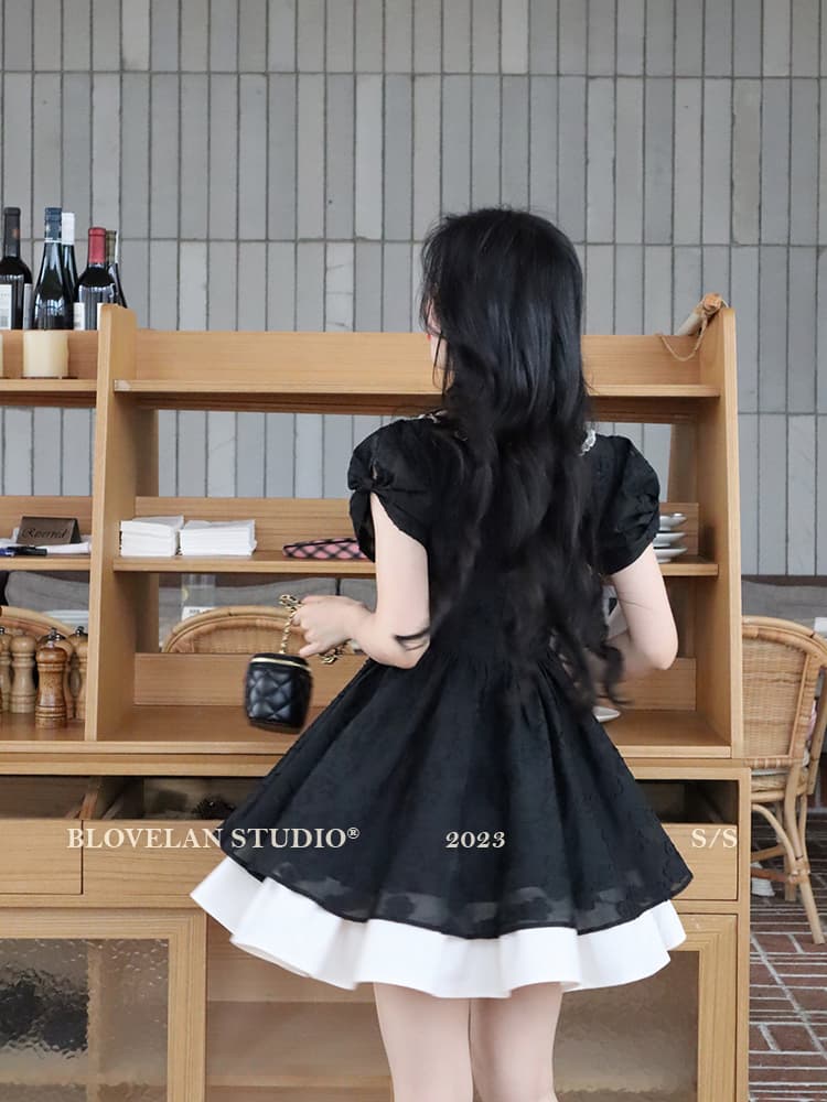blovelan 캐러멜 밤나무 프랑스식 공주 드레스 고급 센스 광장 칼라 검정색 하이웨이스트 여성 드레스 여름 새로운 상세 이미지 15