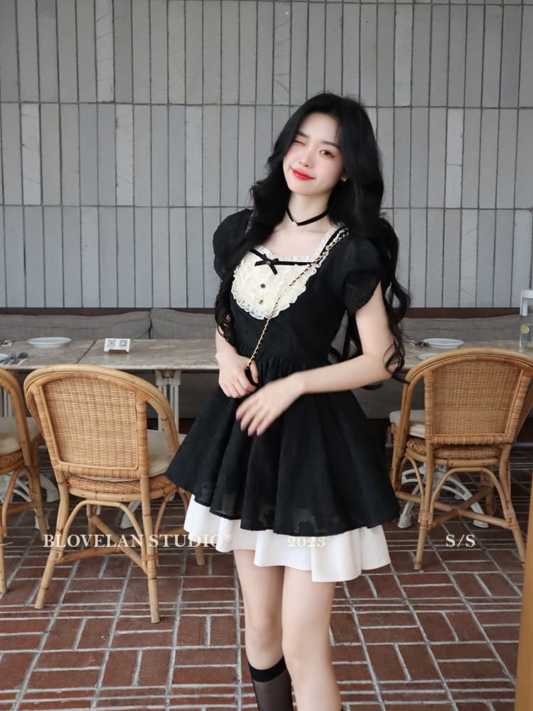 blovelan 캐러멜 밤나무 프랑스식 공주 드레스 고급 센스 광장 칼라 검정색 하이웨이스트 여성 드레스 여름 새로운 상세 이미지 20