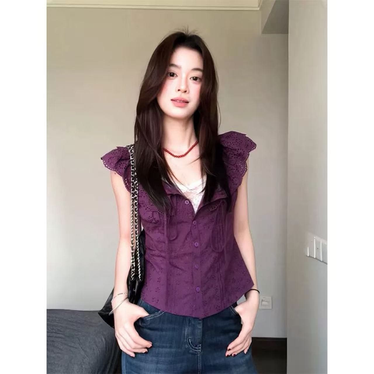 프랑스식 레트로 보라색 반팔 여성 셔츠 초기 여름 착용 가져 가라. 프릴 셔츠 몸매 가꾸기 디스플레이 얇고 작은 날다 소매 맨위 상세 이미지 2