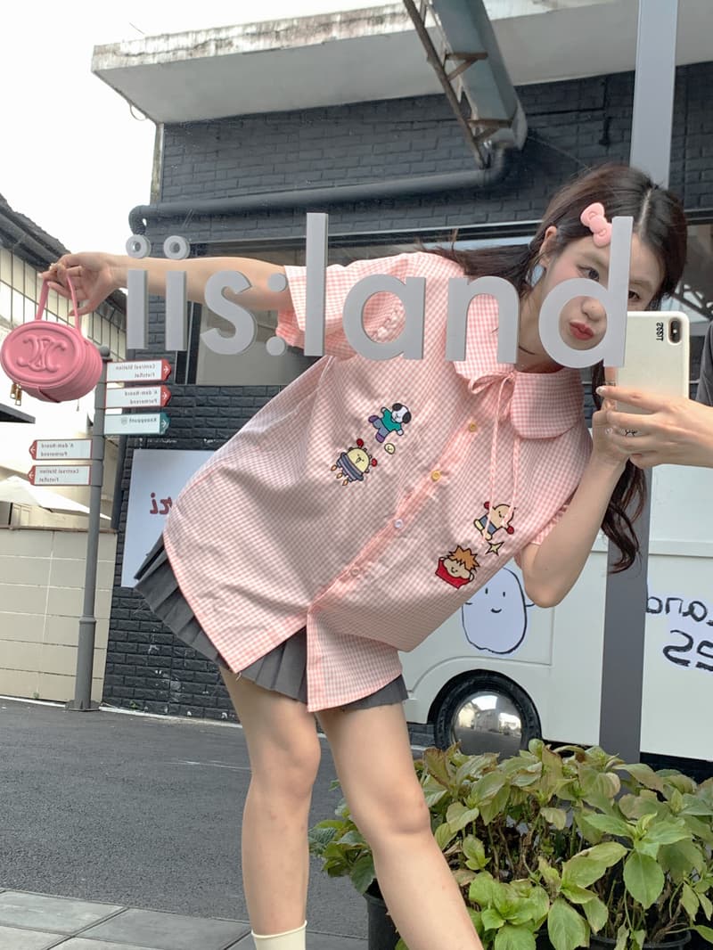 핑크색 체크무늬 베이비 칼라 반팔 여성 셔츠 2026 여름 Chic 자수 스트랩 일본식 달콤함 체크무늬 맨위 상세 이미지 12