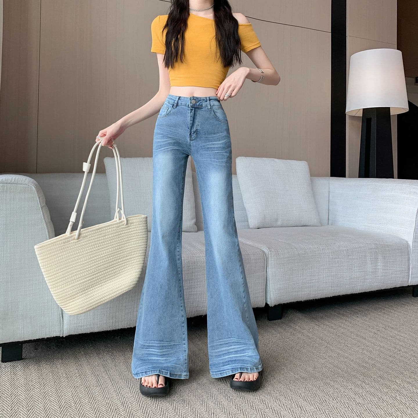 실사 부츠컷 청바지 여성 여름 새로운 하이웨이스트 슬림해 보이는 루즈핏 아니요 막대기 다리 핫걸 나팔 바지 상세 이미지 7