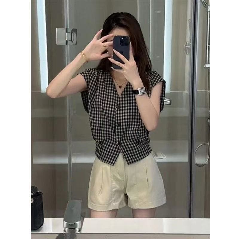레트로 체크무늬 V넥 민소매 셔츠 새로운 여성 2026 여름 루즈핏 패치워크 색상 셔츠 품격 작은 날다 소매 맨위 상세 이미지 5