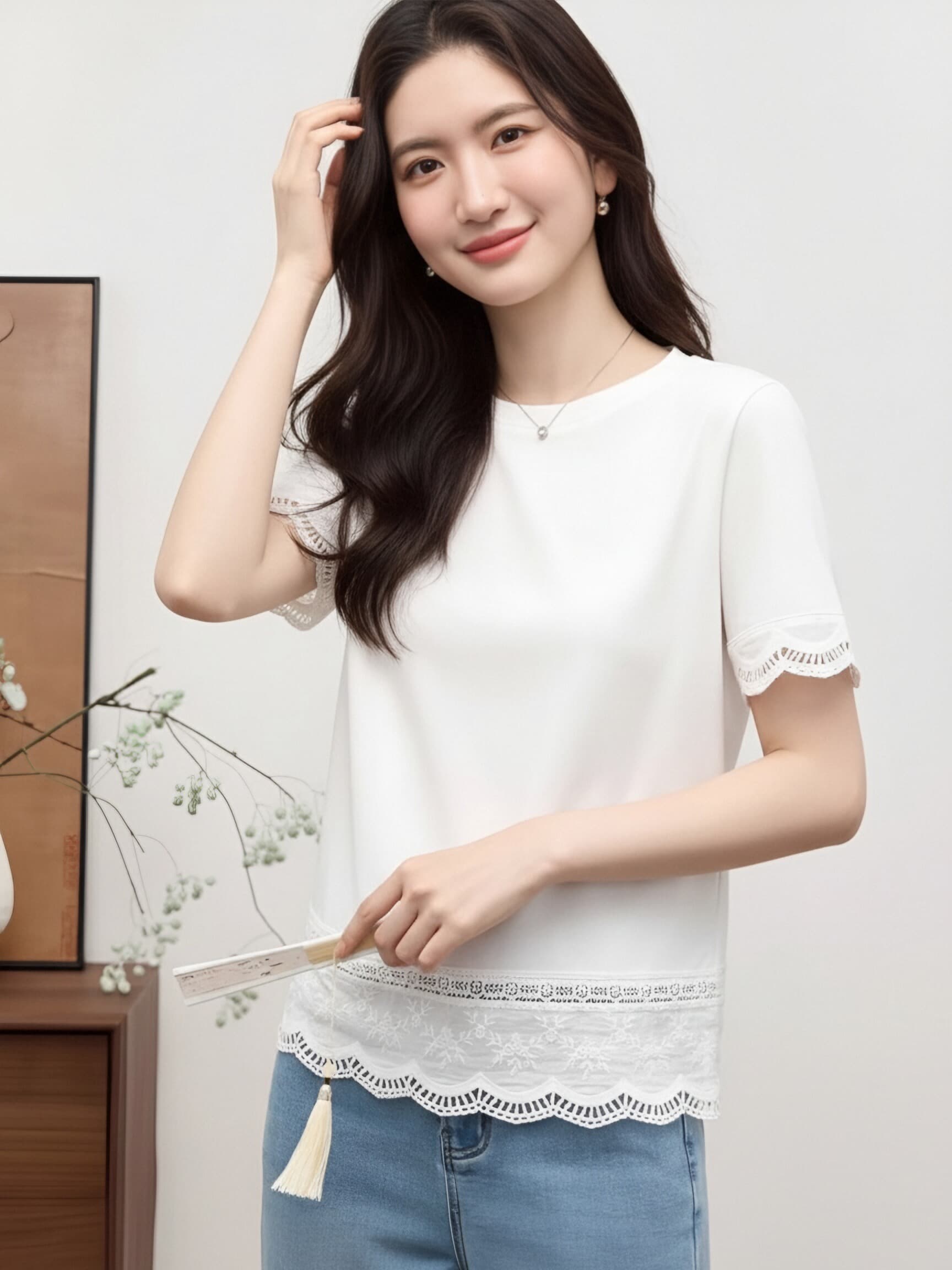 화이트 홀로우 아웃 레이스 조각 반팔 티셔츠 여성 여름 새로운 디자인 센스 부드러운 바람 품격 다용도 슬림해 보이는 맨위 이미지 3