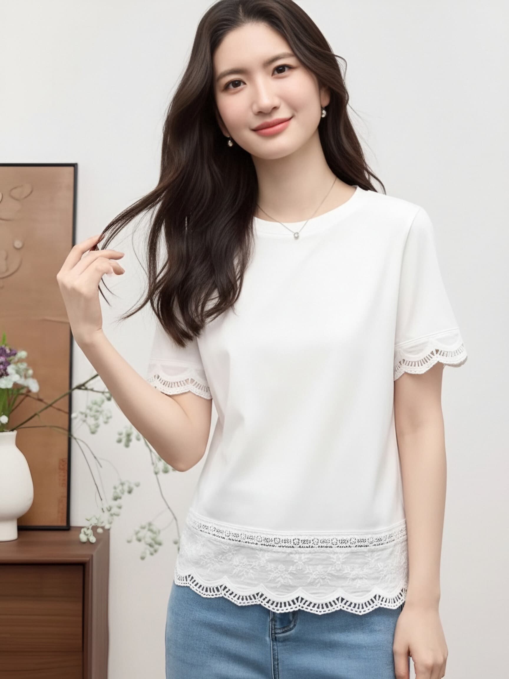 화이트 홀로우 아웃 레이스 조각 반팔 티셔츠 여성 여름 새로운 디자인 센스 부드러운 바람 품격 다용도 슬림해 보이는 맨위 상세 이미지 3